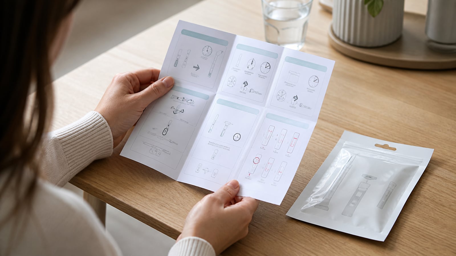 Persoon die zorgvuldig de instructies van een gezondheidstest leest